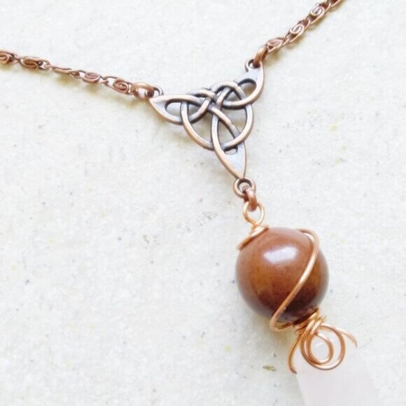 Rose Quartz & Mahogany Obsidian Y Necklace ~  Celtic Knot ~ Ornate Copper Chain - Picture 4 of 9
